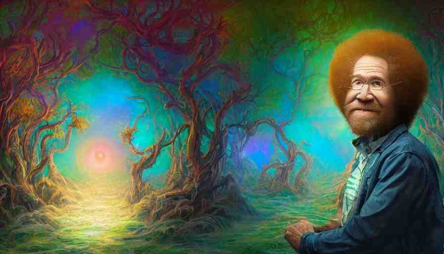 bob ross on a psychedelic trip with an open mouth and glowing eyes, staring, close - up, deep focus, extremely detailed digital painting, vibrant colors, in the style of tomasz alen kopera and fenghua zhong and peter mohrbacher, mystical colors, rim light, beautiful lighting, 8 k, stunning scene, raytracing, octane, trending on artstation 