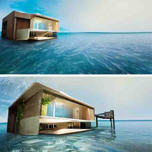 a house half submerged in the ocean. 