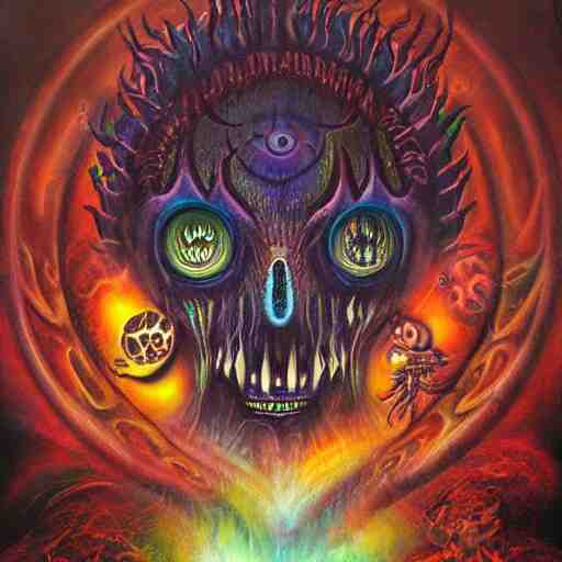 the second layer of hell, airbrush art, shamanic dmt horror art, by basuki abdullah 