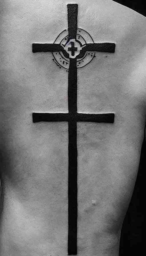 tattoo art, gothic cross with a sky background, white and black 