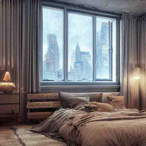 cozy rustic bedroom with a night view of new york in heavy mist, highly detailed, artstation, concept art 