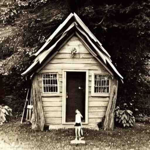 A vintage photo of a witches hut with a witch standing on the Porch, 70s, vintage, old