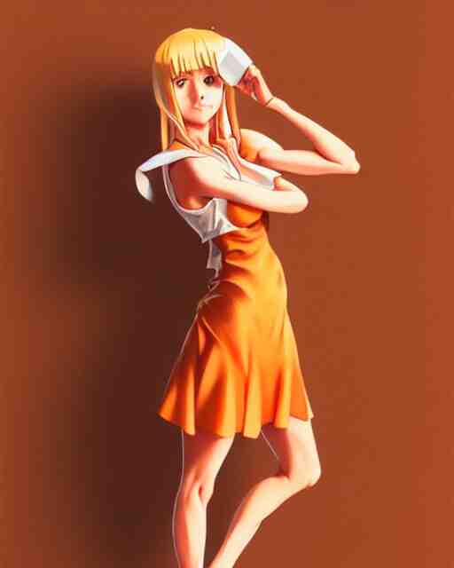 blond woman in an orange ripped mini dress, by artgerm, by studio muti, greg rutkowski makoto shinkai takashi takeuchi studio ghibli 