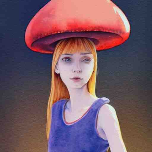 Portrait of a thin girl in full height, elegant pose, a huge toadstool hat on her head, large eyes without a pupil artstation, watercolor, highly detailed,