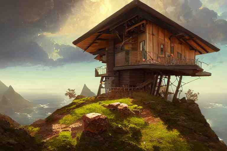 lovely a - frame home sits atop a broad cliff, overlooking the entirety of the blue sky, digital painting by greg rutkowski and gaston bussiere, zbrush, cgsociety contest winner, comprehensive art, intricate, landscape photography, brightly radiant atmosphere, overcast sky, homogeneous to hawaii, 4 k, 8 k 