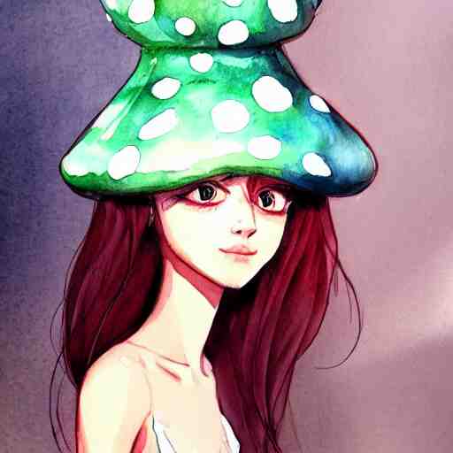 Portrait of a thin girl in full height, elegant pose, a huge toadstool hat on her head, large eyes without a pupil artstation, watercolor, highly detailed,