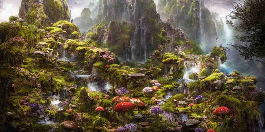 fairyland scenery landscape, lord of the rings, waterfalls, monoliths, flowers, mushroom structures, moss highly detailed, vivid color, perfect lighting, perfect composition, 8 k, brian froud, artgerm, derek zabrocki, greg rutkowski 