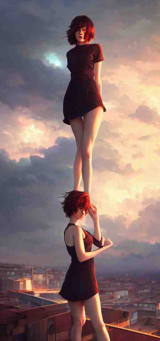 a beautiful british woman with short brown hair, gentle, somber amber eyes, standing on a rooftop, storm in the distance, basic clothing, digital art by makoto shinkai ilya kuvshinov and wojtek fus, digital art, concept art, 