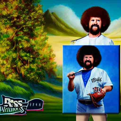 a closeup photorealistic photograph of bob ross themed kenny powers baseball, painting on a canvas. mountains and trees. film still. brightly lit scene. this 4 k hd image is trending on artstation, featured on behance, well - rendered, extra crisp, features intricate detail, epic composition and the style of unreal engine. 