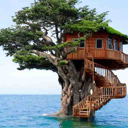 a tree with a tree house in it in the ocean 