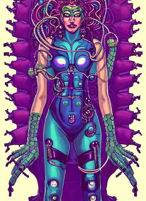 Perfectly-centered vibrant portrait-illustration of a very beautiful and puzzled looking nebulapunk cyberpunk Medusa with symmetrical facial features with a very and accurately symmetrically drawn-out body, in the style of an epic golden age sci-fi comic book cover in an awesome pose wearing a really cool cyberpunk outfit, with lots of really large ravepunk bio-luminiscent snakes as her hair that go all around and above her, next to a tall cybernetic tower with lots of glowing buttons. Super highly detailed, professional and intricate professionally made HDR digital artwork, RPG portrait, digital airbrush painting, extreme illustration, concept art, smooth, maximalist, dreamscape, Rococo, surreal dark art, cosmic horror, lovecraftian style, Aetherpunk, cinematic, Hyperdetailed, hyperrealistic, enchanting, otherworldly, arthouse, sinister mood, cosplay, sense of awe, Exquisite award winning picture, glowing rich colors, ethereal backlight background, 300 DPI, 8k resolution, HD quality, cinema 4d, 3D, 3d final render, 3d shading, unreal 5, octane render, 3D rim light, dynamic lighting, atmospheric lighting, iridiscent background accents, golden ratio, psychedelic highlights, dramatic shadows, 
anamorphic lens, sharp focus, trending on Gsociety, trending on ArtstationHQ, trending on deviantart, neon-noir bokeh, professionally post-processed, wide-angle action dynamic portrait