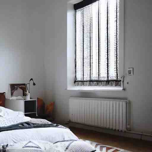 Bedroom with Minimalistic Art on the walls, white furniture, Multi colored Mandala Rug, big windows with sunlight coming in