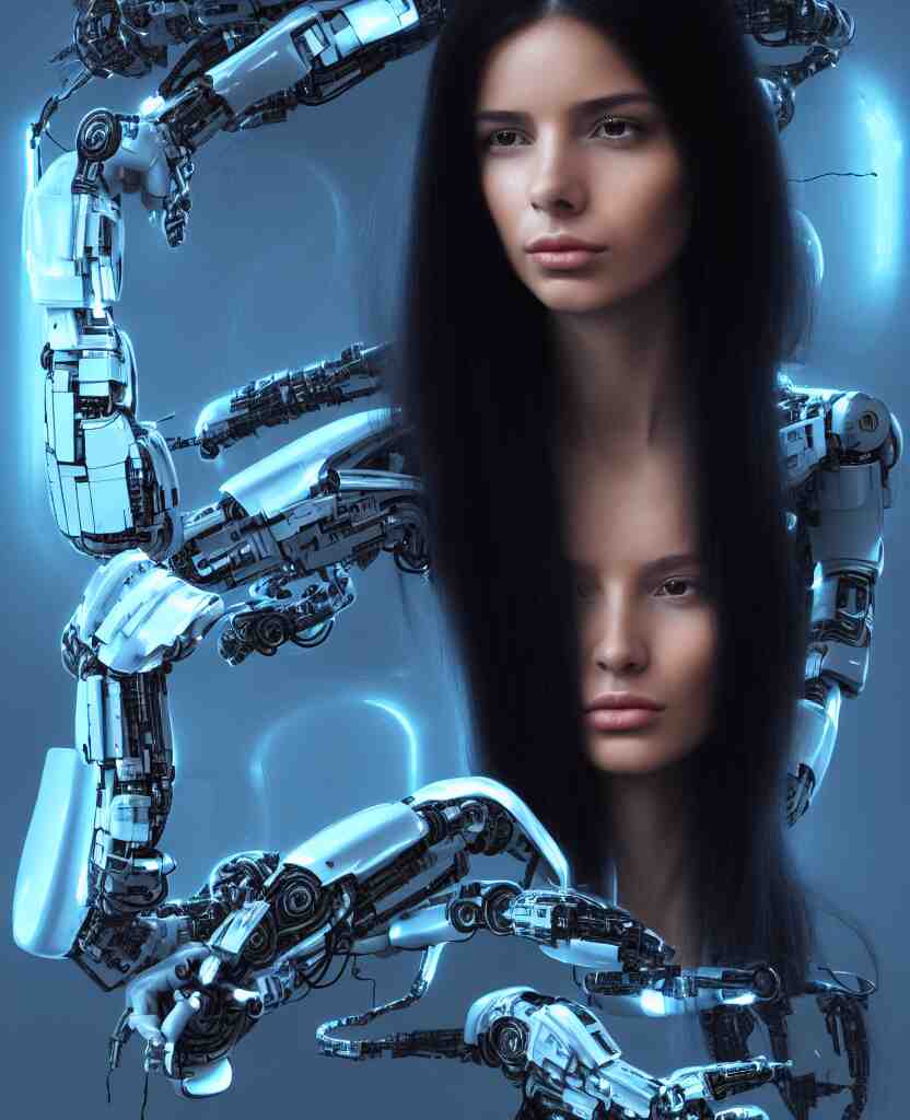 beauty young spanish woman with long black hair robotic hands, interacting with a holographic interface of alien artifacts, electrical case display, Terminator tech, ultrarealistic, dramatic lighting, electrical details, high details, 4k, 8k, best, accurate, trending on artstation, artstation, photorealism, ultrarealistic, digital painting, style of Peter Mohrbacher, Caravaggio, Hajime Sorayama and Boris Vallejo