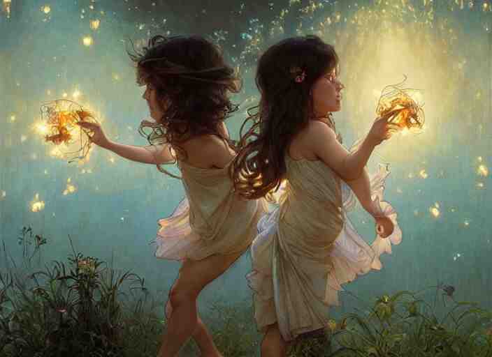 A cute little girl with shoulder length curly brown hair and a cute little boy with short blonde hair dancing with fireflies. beautiful fantasy art by By Artgerm and Greg Rutkowski and Alphonse Mucha, trending on artstation.