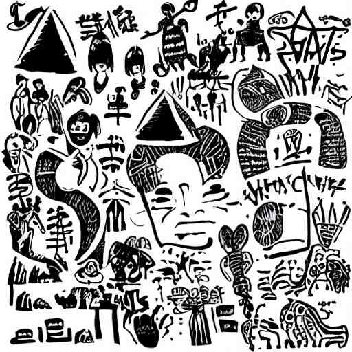 black and white composition of a variety of seperate doodles, drawings, faces, symbols, cartoons, lineart, cave drawing, silhouette, tattoo, chinese ink brush, app icon 