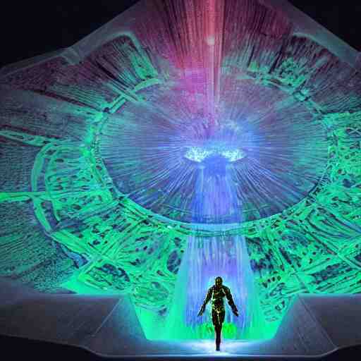 A space wizard stand in front of giant, glowing crystal sits in the center of a dark room, Strange symbols line the walls, and a soft light glows from somewhere deep within the room, highly detailed, digital photo, HDRI, by christopher bretz and kael ngu, vivid colors, high contrast, 8k resolution, intricate, photorealistic, smooth, psychedelic color scheme, concept art, award winning, cg society contest winner