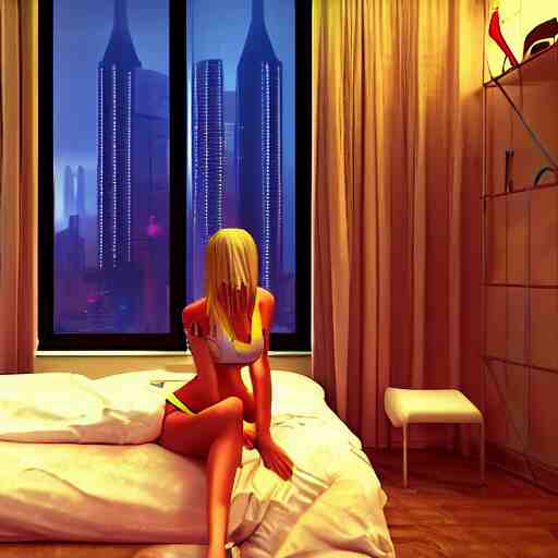 « inside a girl room, cyberpunk vibe, neon glowing lights, sharp focus, photorealistic, unreal engine 5, girl in the bed, window that shows the skyscrapers in the background » 