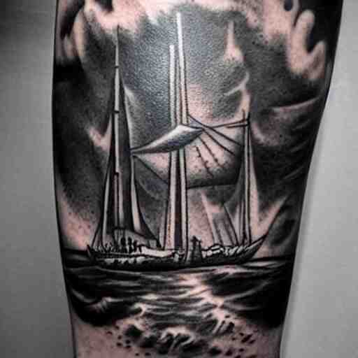 A magical pirate ship tattoo design on white background, hyper realistic shaded tattoo, award winning tattoo