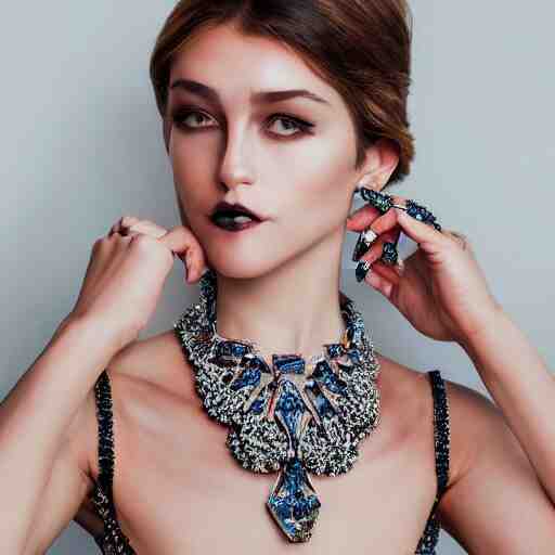 fashion photo, haute couture female model wearing bejeweled scissor earrings:5, bejeweled scissor chest plate:5, bejeweled scissor bracelets:5, hyper realistic, detailed, dramaticly beautiful, 8k, Octane