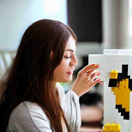 woman, 1 8 years old, brown hair, brown eyes, building the pokemon abra out of legos, well lit, high quality, 