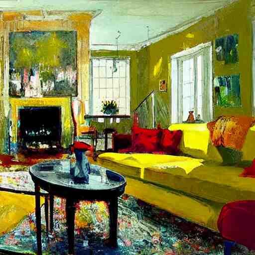 a modern living room with green sofa, red carpet and yellow table, painting by jeremy mann 