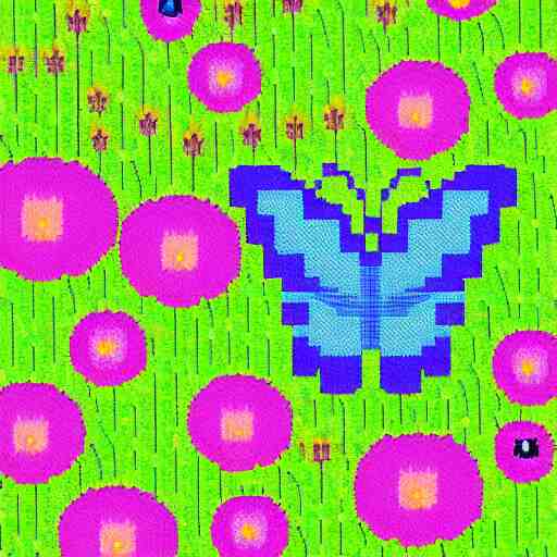 pixel art of a butterfly in a field of wild flowers, ghibli color scheme 