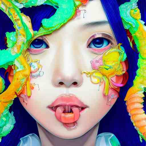 the face of a ridiculously beautiful and pretty japanese girl partially made of onion rings of all colors looking down, an ultrafine detailed illustration by james jean, final fantasy, intricate linework, bright colors, behance contest winner, vanitas, angular, altermodern, unreal engine 5 highly rendered, global illumination, radiant light, detailed and intricate environment 