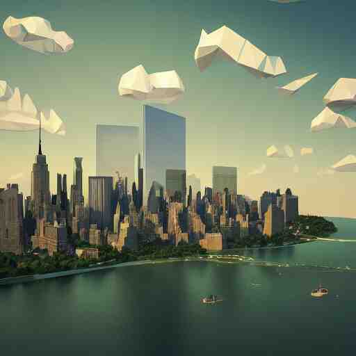 low poly art of new york as an island floating in the sky, low poly, isometric art, 3d render, waterfall, high detail, artstation, concept art, behance, ray tracing, smooth, sharp focus, ethereal lighting