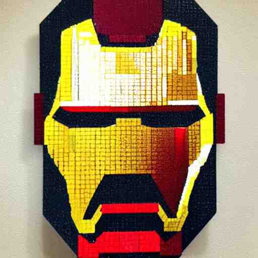 a portrait of iron man, made of a lot of nespresso capsules, mosaic 