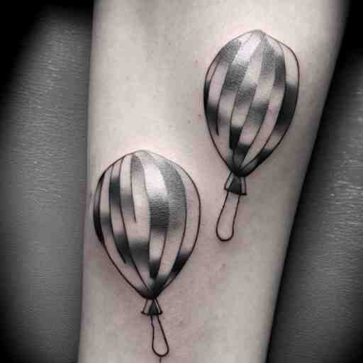 a tattoo of multiple small balloons floating up, tattoo art, black and white tattoo,