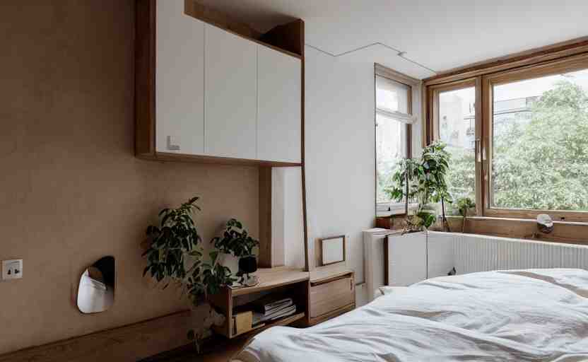 interior of a compact bedroom in an apartment building, bed, bronze wall, cupboards, czech design, swedish design, natural materials, minimalism, pine wood, earth colors, feng shui, rustic, white, beige, bright, plants, windows with a view of a green park, modernist, 8 k 