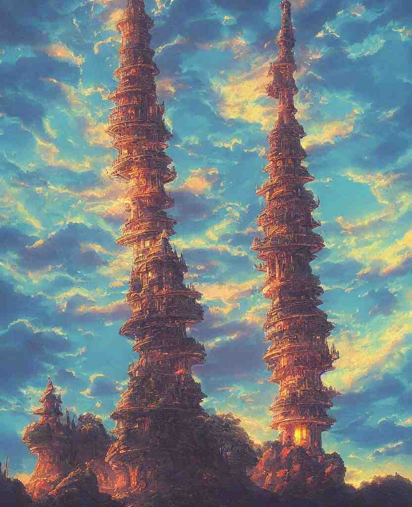 “ a landscape painting in the style of noriyoshi ohrai of a holy tower, it is a glowing fortress and has iridescent mana radiating from it into the aether. it is centered. the background is the sky at dawn. retrofuturistic fantasy ” 