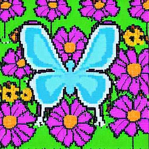 pixel art of a butterfly in a field of wild flowers, ghibli color scheme 