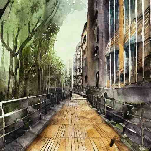 Wooden footpath next to narrow canal between buildings in beautiful overgrown futuristic sci-fi city in harmony with nature. Nice colour scheme, soft warm colour. Beautiful detailed watercolor by Lurid. (2022)