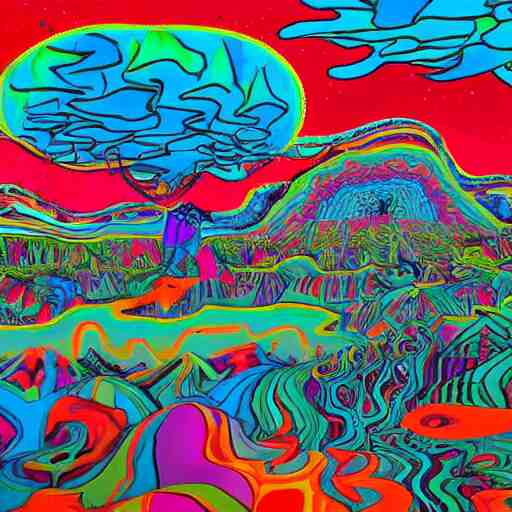 crazy psychedelic landscape full of ghosts, utopia 