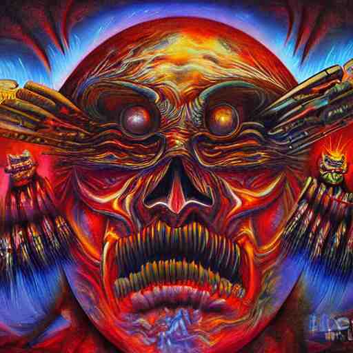 the second layer of hell, airbrush art, shamanic dmt horror art, by basuki abdullah 