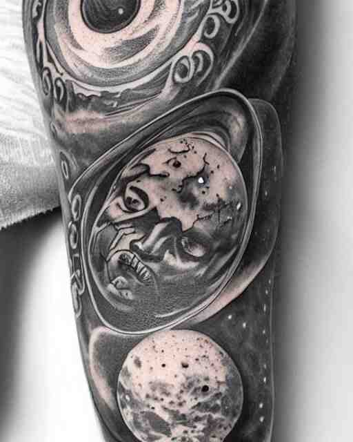 planets on the top of a broken renaissance head statue, realism tattoo design, in the style of matt jordan 