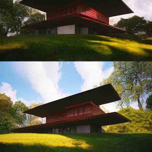 modernist house inspired by a tibetan palace, on a green hill between big trees, colorful clouds, dramatic lighting, artstation, matte painting, raphael lacoste, simon stalenhag, frank lloyd wright, zaha hadid 