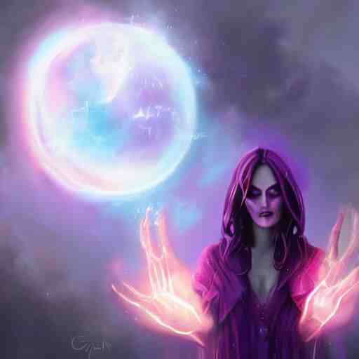 a beautiful Purple Magician based on Maryln Manson with glowing aura holding an orb by Greg Rutkowski and Raymond Swanland, Trending on Artstation, cloudy background, ultra realistic digital art