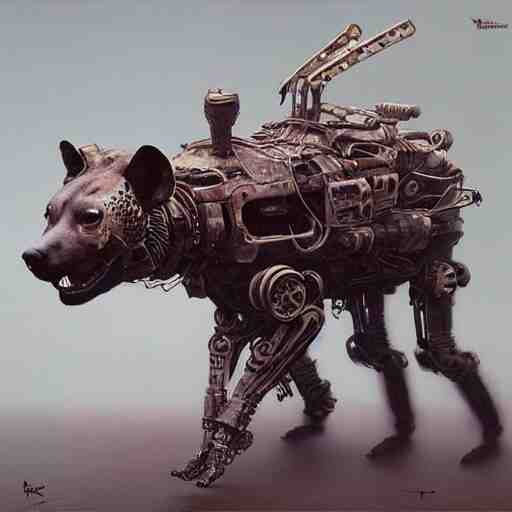 hyena robot, cyberpunk, highly detailed quadrupedal cyborg, beksinski style, very detailed painting 