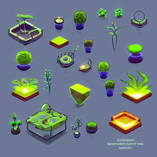 concept art 2 d game asset of furniture with an organic isometric design based on bioluminescent alien - like plants inspired by the avatar's bioluminescent alien nature. around the furniture, we can see plants that glow in the dark. all in isometric perspective and semi - realistic style item is in a black background 