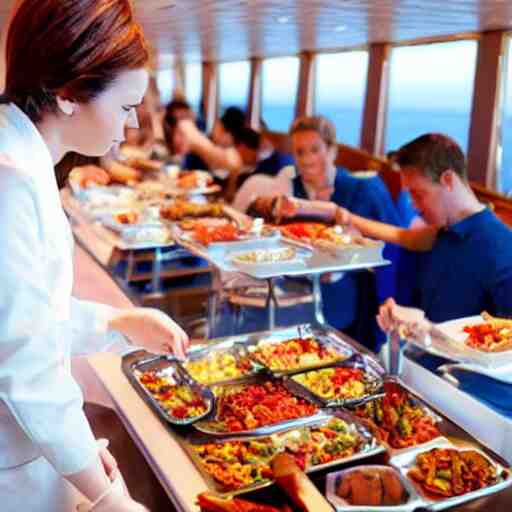 satan filling plates of food from the buffet on a cruise liner 