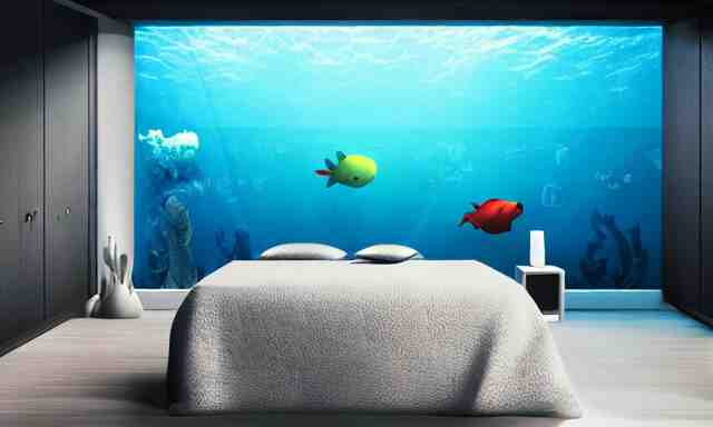 a futuristic bedroom deep under the sea, photorealistic magazine picture, studio lighting, cozy, extremely detailed and realistic 