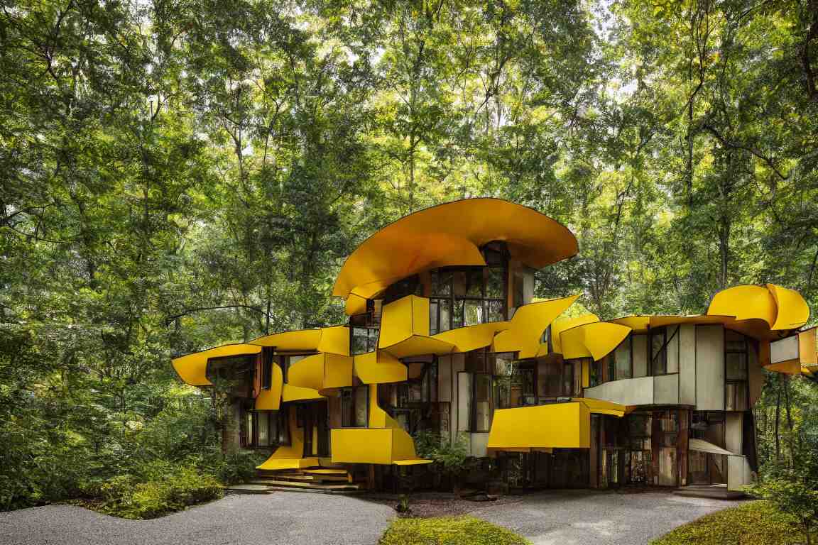 a mid century modern house in a forest, designed by Frank Gehry. Tiles. Small gravel driveway . Film grain, cinematic, yellow hue