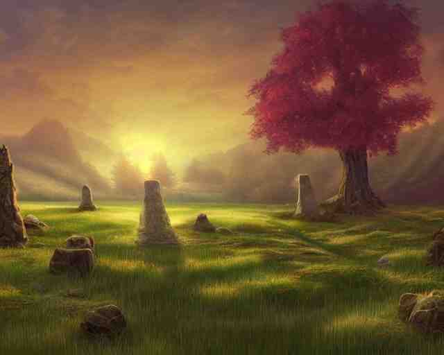 empty grass field with a burned down small stone circle, at midday, from a fantasy themed point and click 2 d graphic adventure game, art inspired by thomas kinkade, 