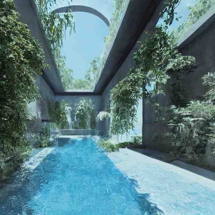 a room with a pool in the middle of it, a digital rendering by ricardo bofill, featured on cg society, hypermodernism, vray tracing, rendered in unreal engine, liminal space 