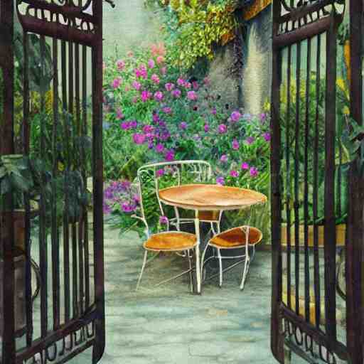 delicate, tiger, chairs, garden, paved, botanic watercolors, iridescent, 8 k, realistic shaded, fine details, artstation, italian, iron gate, tree, mediterranean, marvelous 