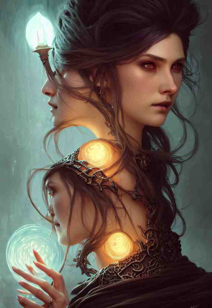 Necromancer Sorceress, fantasy magic, undercut hairstyle, dark light night, intricate, elegant, sharp focus, illustration, highly detailed, digital painting, concept art, matte, art by WLOP and Artgerm and Greg Rutkowski and Alphonse Mucha, masterpiece