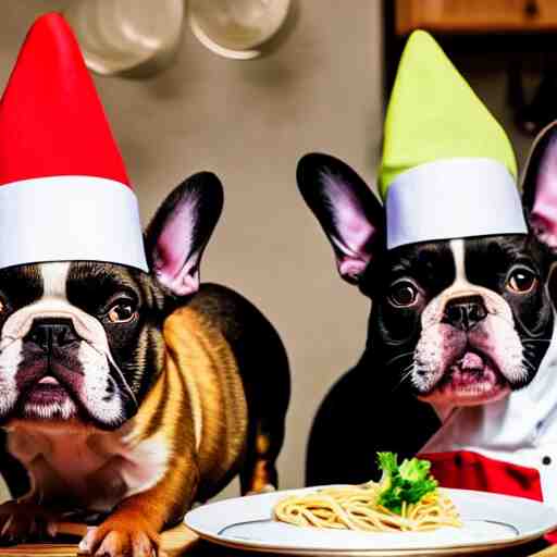 a 8k highly detailed still photo by David Bailey of Two multi-colored French Bulldogs in chef hats and aprons starring on a cooking show, a plate of spaghetti is prepared, a high end restaurant kitchen in the background, bokeh