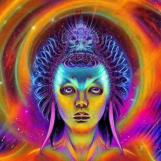 “photo of a beautiful extraterrestrial woman goddess, psychedelic, dmt, lsd, epiphany, fractals, alien forms, organic, acidic, acid, 8k”